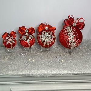 Red Velvet Christmas Ornaments Handmade  Rhinestones 80mm,120mm,140mm,160mm Set